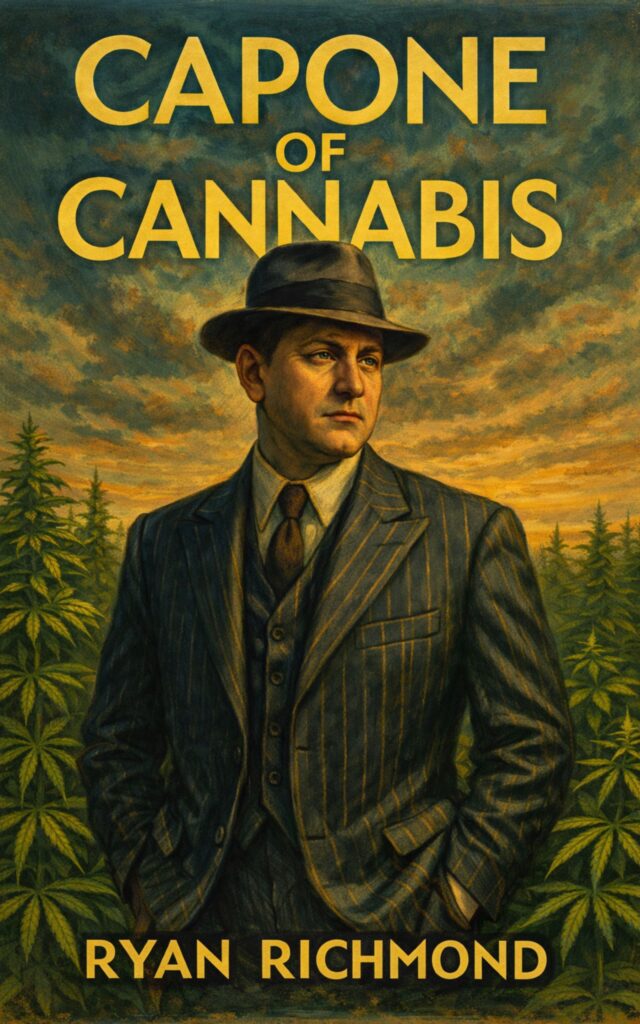 Original green and gold Capone of Cannabis book cover with a suited figure against a cannabis landscape